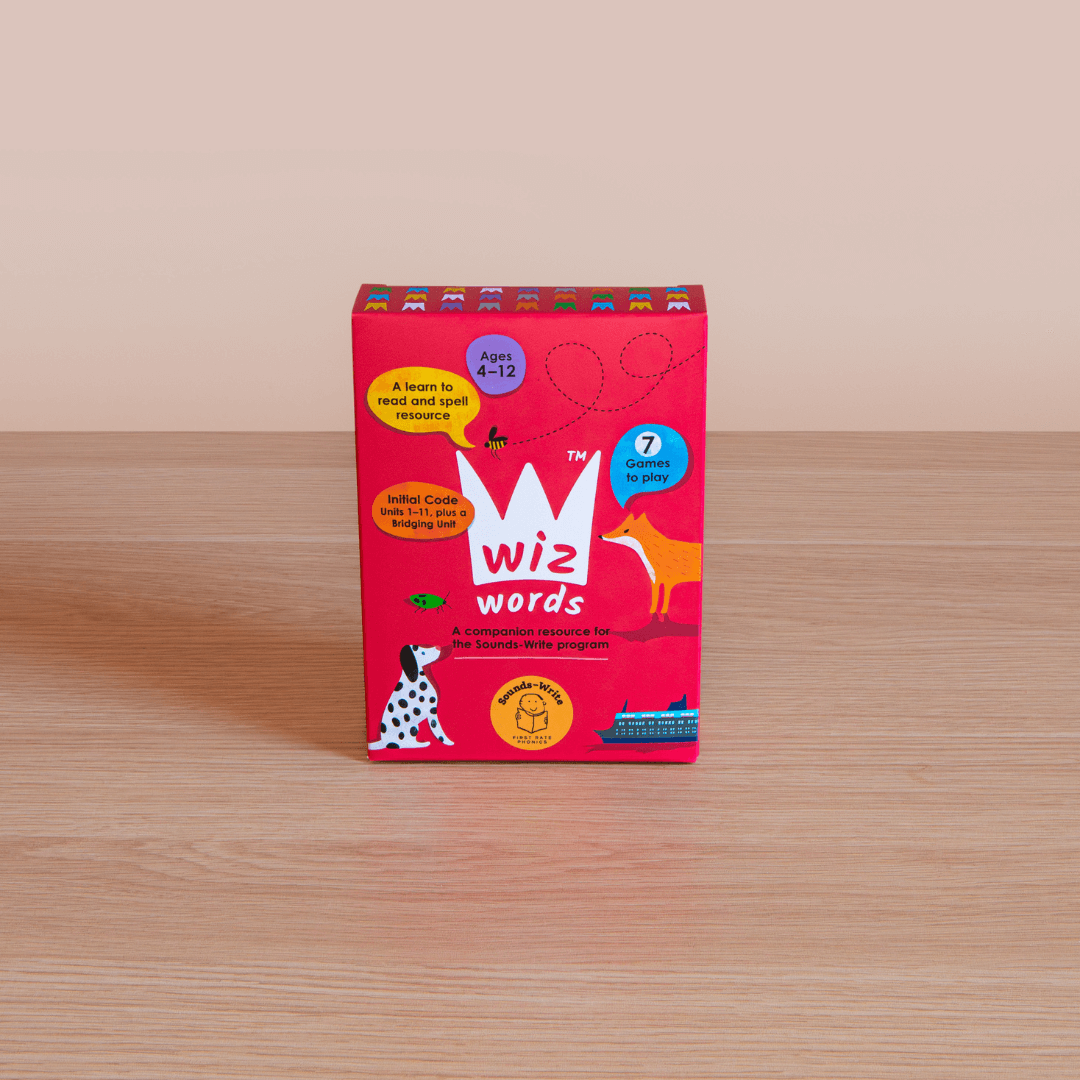 Wiz Words card game front of box.