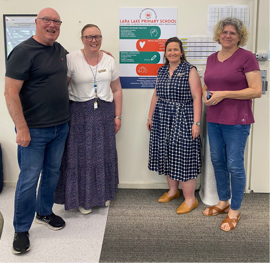John and Tita with Mel, Learning Specialist, and Emma, Assistant Principal, at Lara Lake Primary School