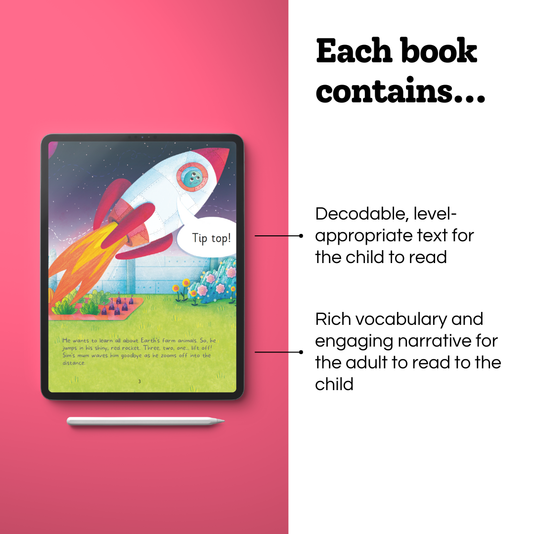 Decodable, level-appropriate text for the child to read Rich vocabulary and engagaing narrative for the adult to read to the child