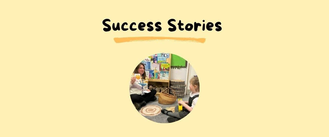 Success stories with picture of teacher and child sat on the floor